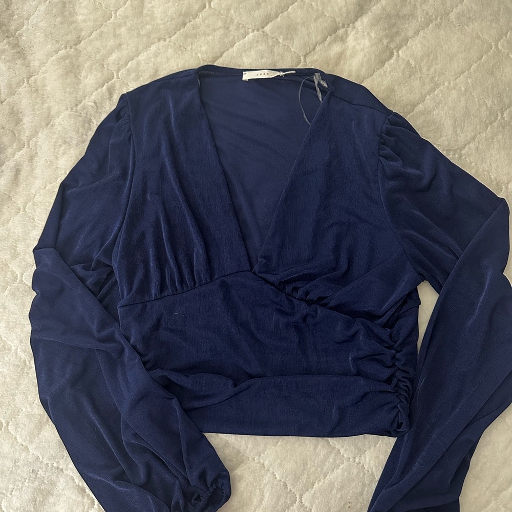 Lush Deep Blue Wrap Blouse